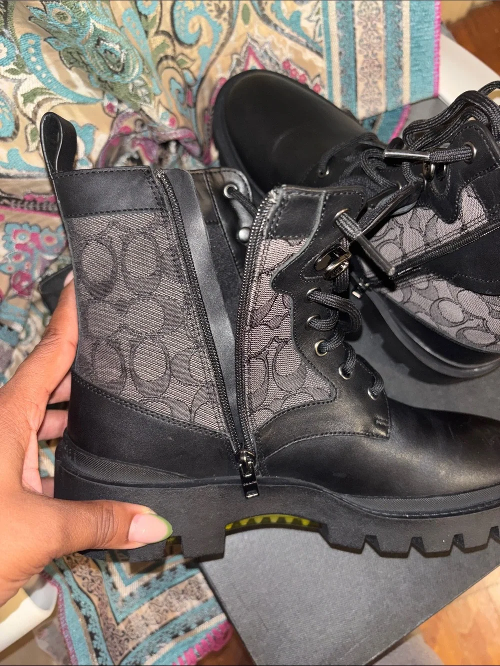 Coach 1941 Men’s Black Signature Combat boots- Lace Up and Side Zip🖤